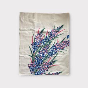 Vintage Kitchen Tablecloth 50x64 Floral Gladiolus Pink Blue Ribbon Print Decor